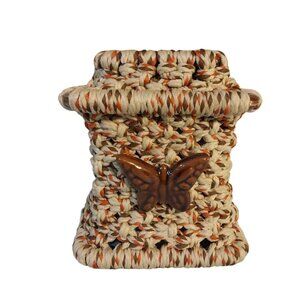 Vintage Macrame Tissue Box Cover Brown Tones With Ceramic Butterfly Accent